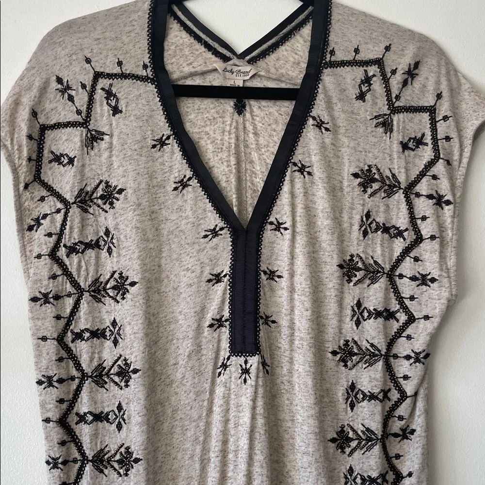 Lucky Brand|Boho Chic Embroidered tunic top w/ beading|oatmeal/black| Large| EUC - Picture 4 of 14